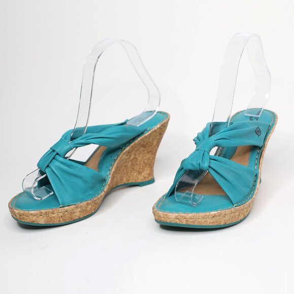 Born Driless Monte Carlo Leather Cork Wedge Sandal Turquoise Blue Strappy Mule - Picture 2 of 11